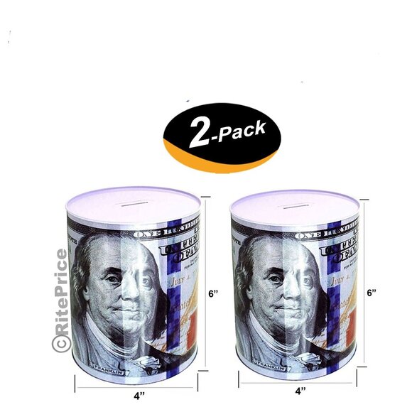 Ben Franklin One Hundred Dollar Bill Tin Piggy Banks 6" Tall Coin Saver(2 Pack) - Picture 1 of 9